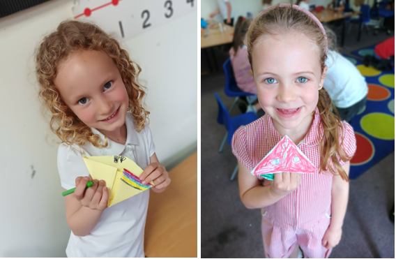 A collage of a child holding a paper boat

Description automatically generated