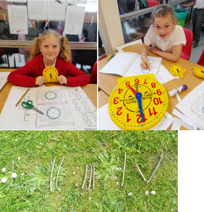 A collage of a child sitting at a table with paper and a clock

Description automatically generated