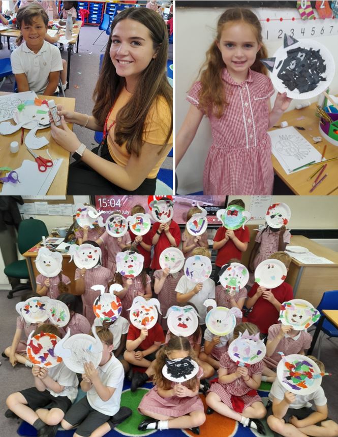 A collage of a group of children holding paper plates

Description automatically generated