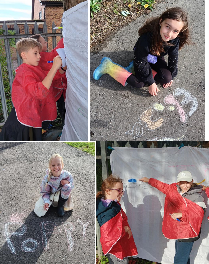 A collage of children drawing with chalk

Description automatically generated