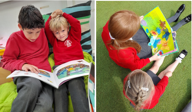 A collage of children reading a book

Description automatically generated