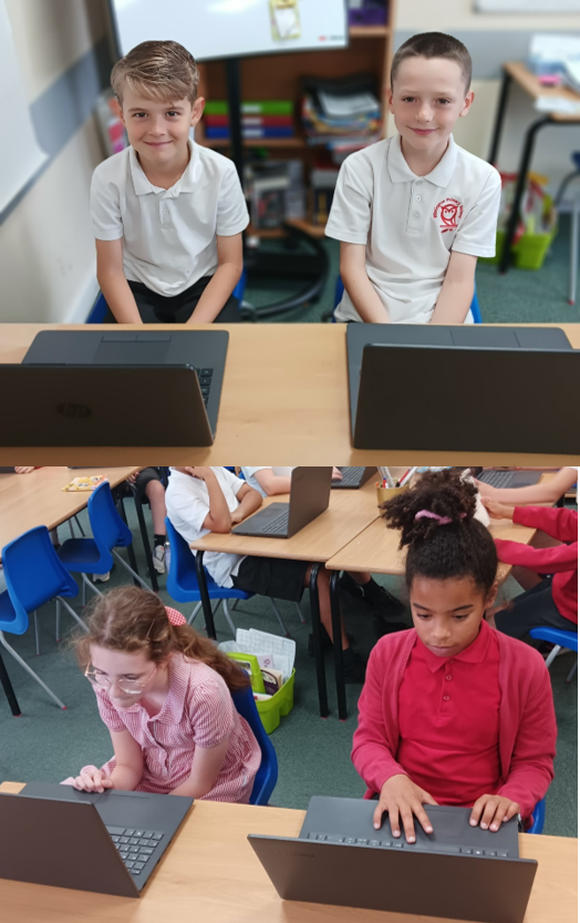 A collage of children using laptops

Description automatically generated