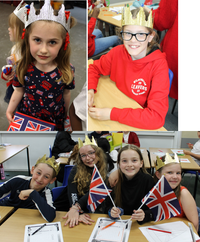 A collage of children wearing crowns and paper crowns

Description automatically generated