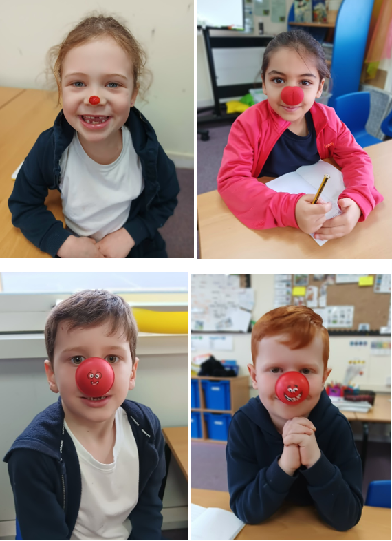 A collage of children with red nose

Description automatically generated