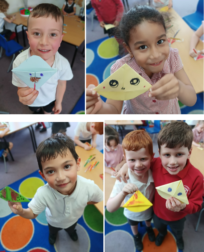 A collage of kids holding paper boats

Description automatically generated