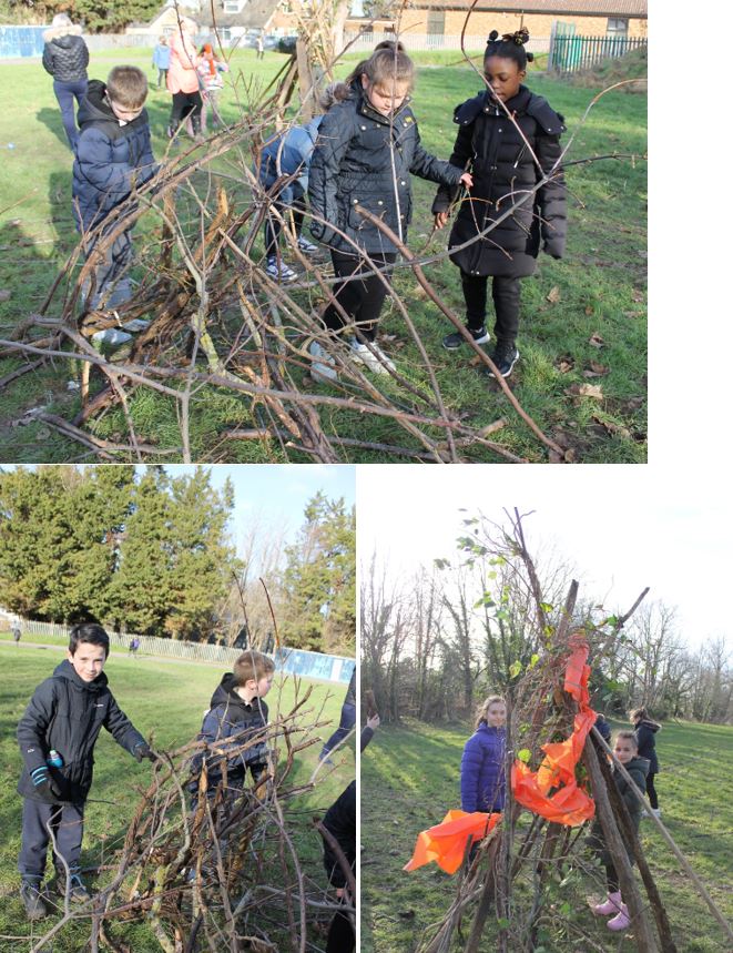 A group of kids outside with sticks

Description automatically generated